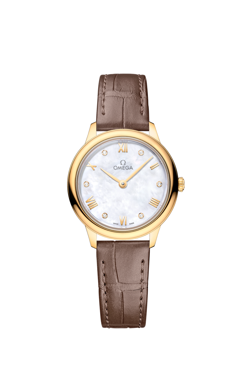 Omega De Ville Prestige Mother of Pearl Diamond Set Dial 18ct Gold Womens Quartz Watch 27.5mm 43453286055002 