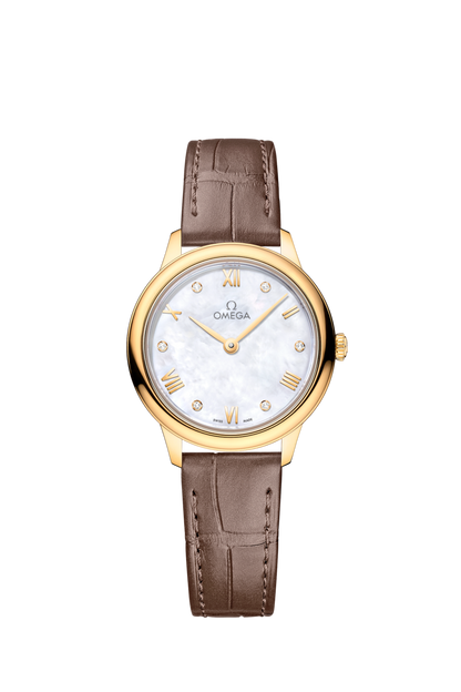 Omega De Ville Prestige Mother of Pearl Diamond Set Dial 18ct Gold Womens Quartz Watch 27.5mm 43453286055002 