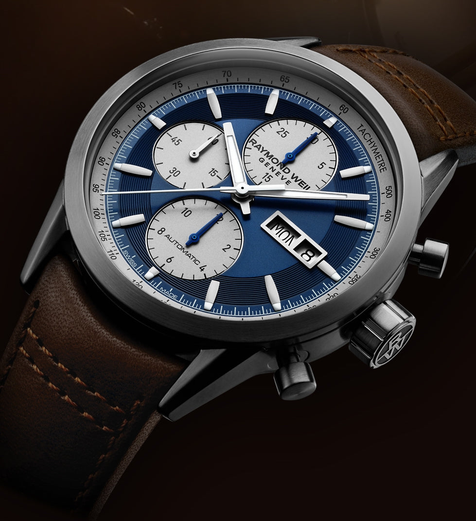 Raymond Weil Freelancer Calibre RW5200 Blue & Silver Dial Stainless Steel Mens Chronograph Watch 7732-TIC-50421