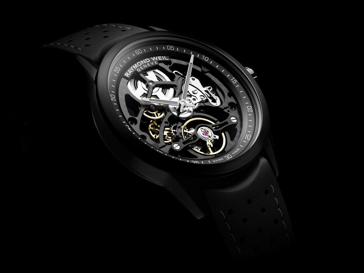 Raymond Weil Freelancer RW1212 Black Skeleton Dial Black PVD Stainless steel Case Rubber Strap Mens Watch 2785-BKR-20000