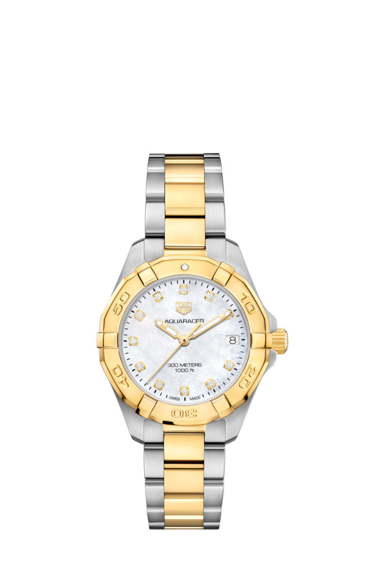 TAG Heuer Aquaracer Mother of Pearl Diamond Set Dial Two Tone Womens Quartz 32mm Watch WBD1322.BB0320