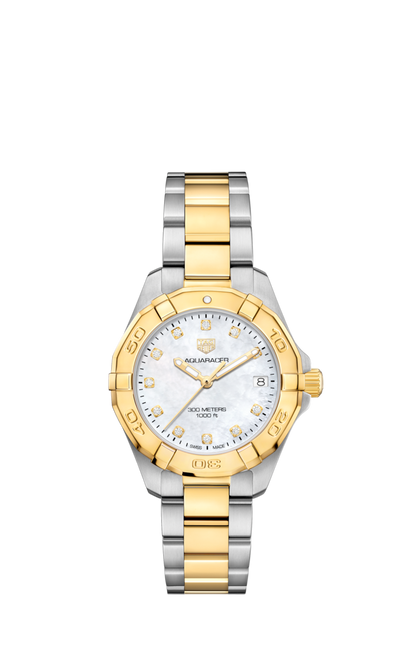 TAG Heuer Aquaracer Mother of Pearl Diamond Set Dial Two Tone Womens Quartz 32mm Watch WBD1322.BB0320
