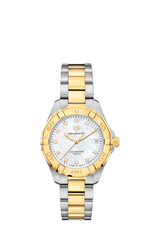 TAG Heuer Aquaracer Mother of Pearl Diamond Set Dial Two Tone Womens Quartz 32mm Watch WBD1322.BB0320