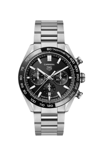 TAG Heuer Carrera Calibre HEUER 02 Black Dial Stainless Steel Mens Chronograph Watch CBN2A1B.BA0643
