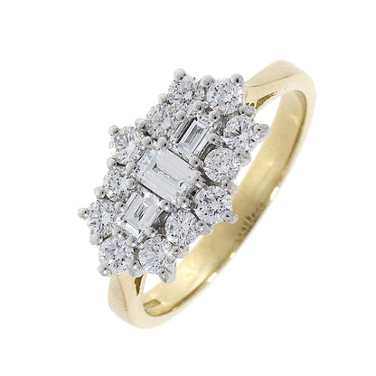 18ct Gold Baguette & Brilliant Cut Diamond Set Cluster Ring