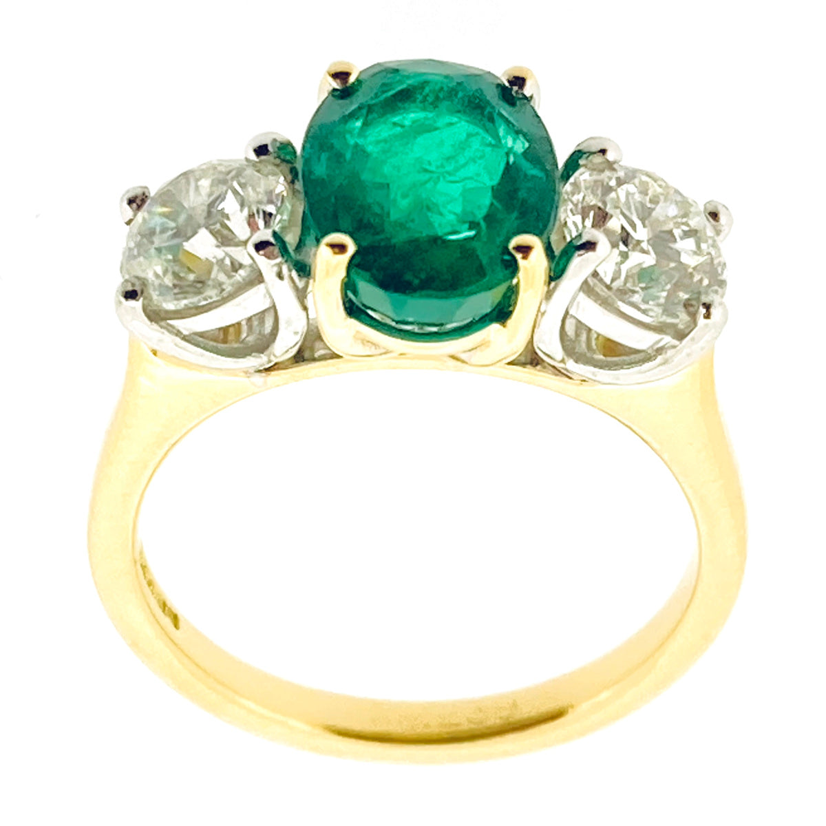 18ct Gold Oval Cut Emerald & Diamond Set Three Stone Trilogy Ring