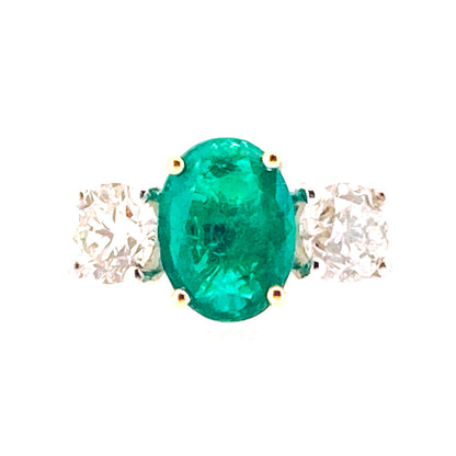 18ct Gold Oval Cut Emerald & Diamond Set Three Stone Trilogy Ring