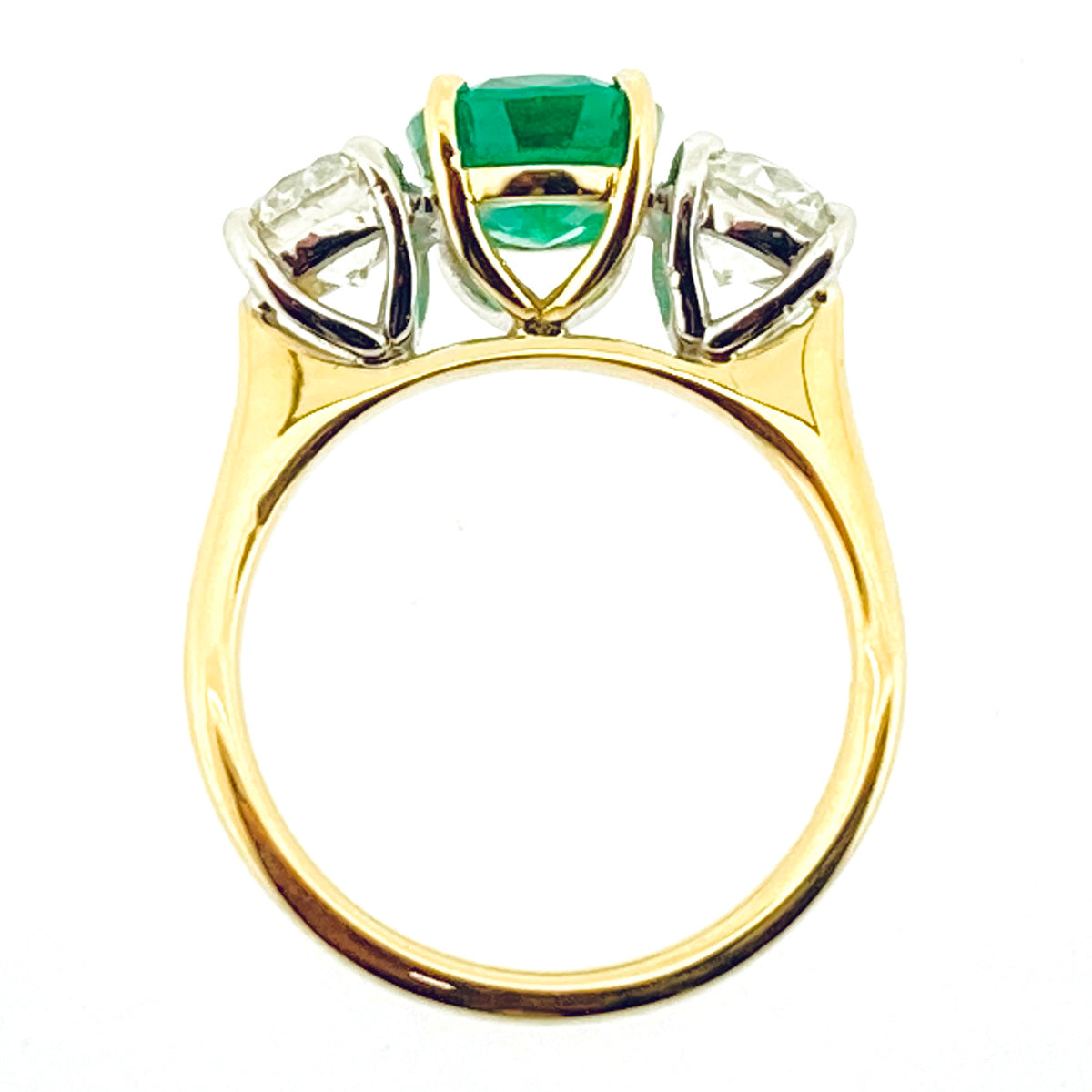 18ct Gold Oval Cut Emerald & Diamond Set Three Stone Trilogy Ring
