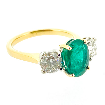 18ct Gold Oval Cut Emerald & Diamond Set Three Stone Trilogy Ring