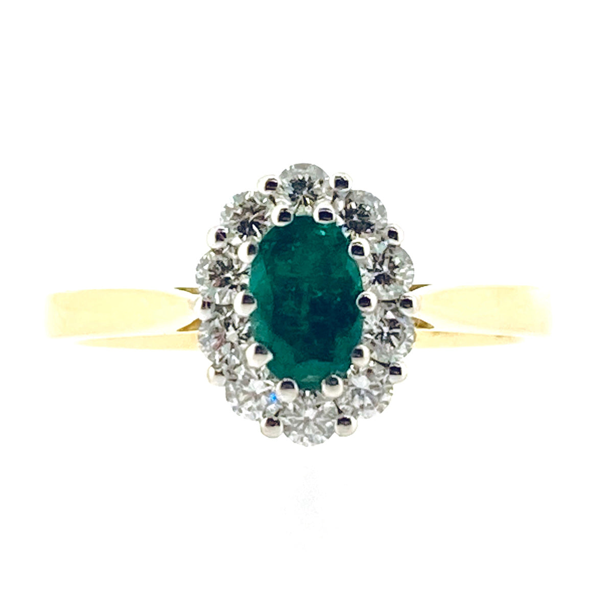18ct Gold Oval Emerald & Diamond Set Cluster Ring