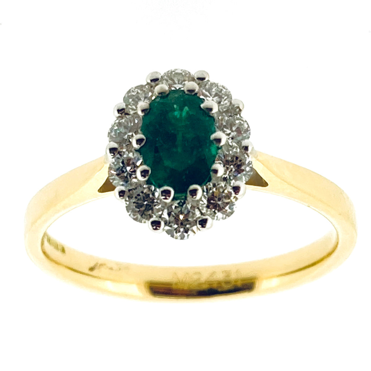 18ct Gold Oval Emerald & Diamond Set Cluster Ring