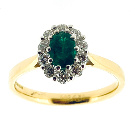 18ct Gold Oval Emerald & Diamond Set Cluster Ring