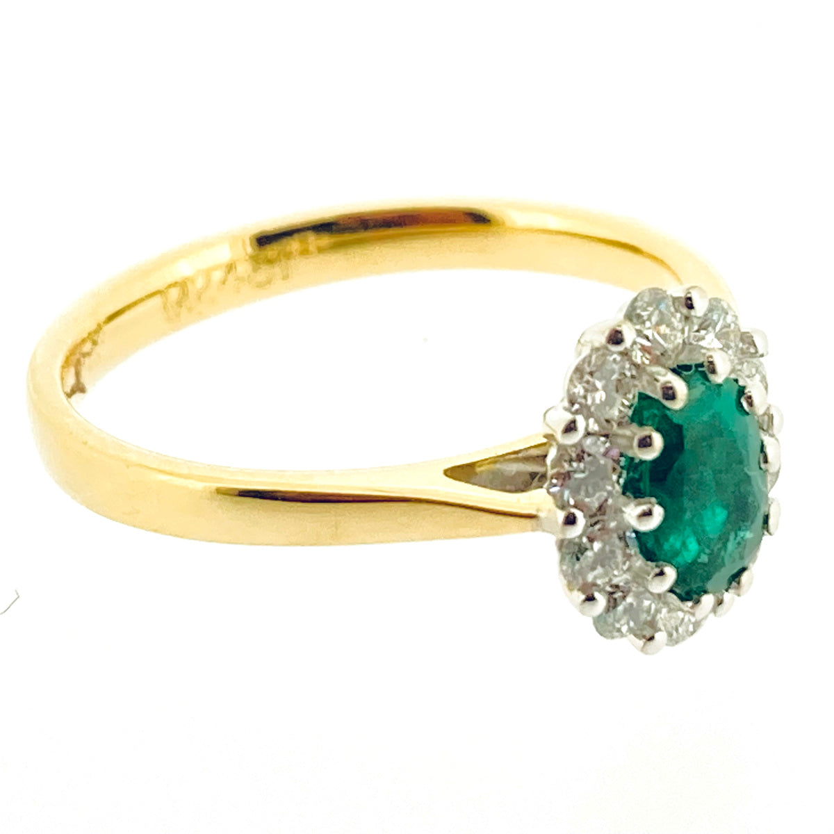 18ct Gold Oval Emerald & Diamond Set Cluster Ring