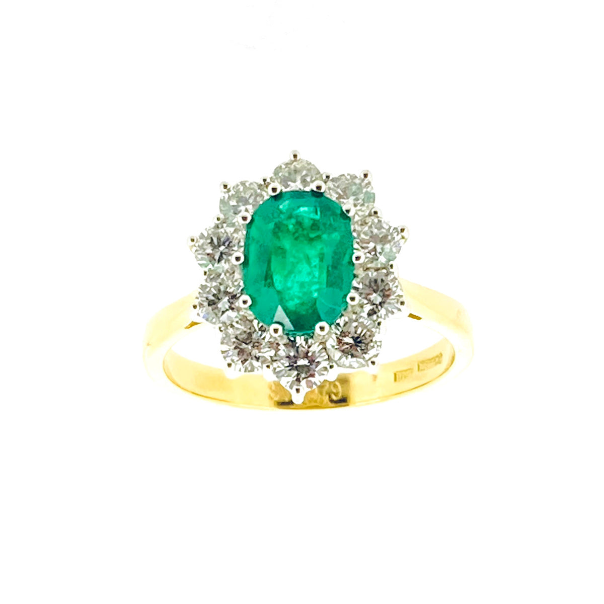 18ct Gold Oval Emerald & Diamond Set Cluster Ring