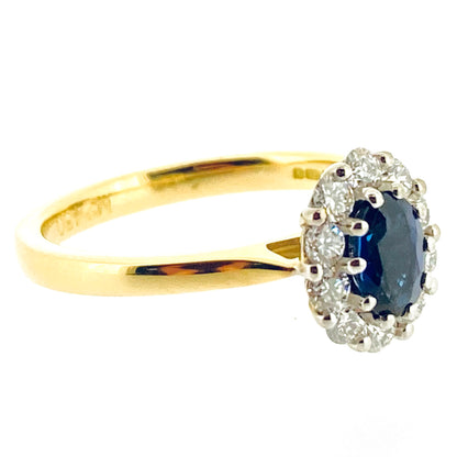 18ct Gold Oval Sapphire & Diamond Set Cluster Ring