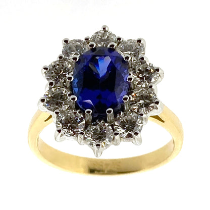 18ct Gold Oval Tanzanite & Diamond Set Cluster Ring