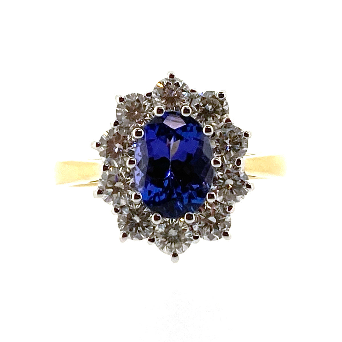 18ct Gold Oval Tanzanite & Diamond Set Cluster Ring