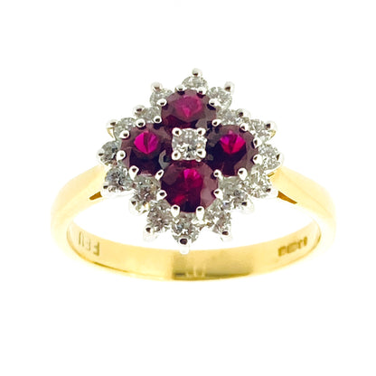 18ct Gold Ruby & Diamond Set Multi Cluster Ring