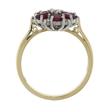 18ct Gold Ruby & Diamond Set Flower Design Cluster Ring