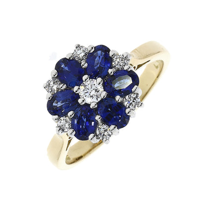 18ct Gold Sapphire & Diamond Set Flower Design Cluster Ring