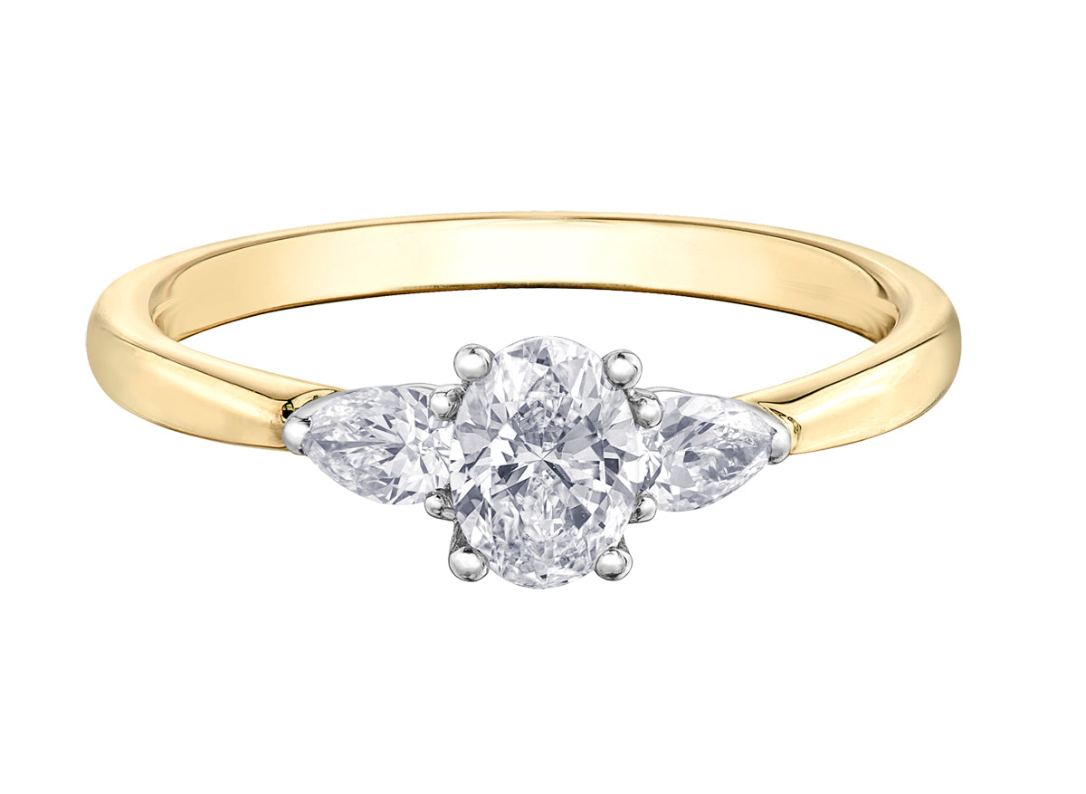 18ct Gold Three Stone Diamond 0.65ct Oval & Pear Shape Diamond Claw Set Trilogy Ring