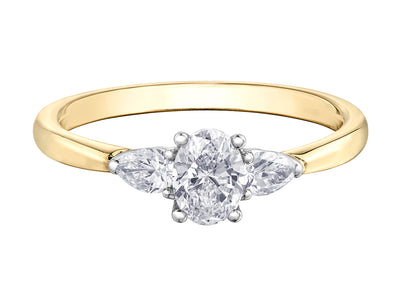 18ct Gold Three Stone Diamond 0.65ct Oval & Pear Shape Diamond Claw Set Trilogy Ring