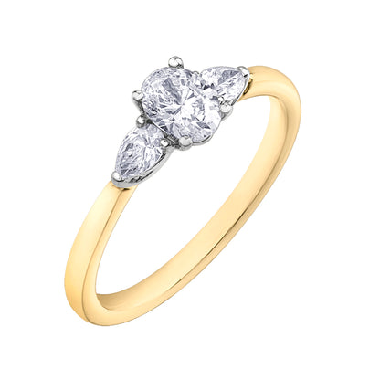 18ct Gold Three Stone Diamond 0.65ct Oval & Pear Shape Diamond Claw Set Trilogy Ring