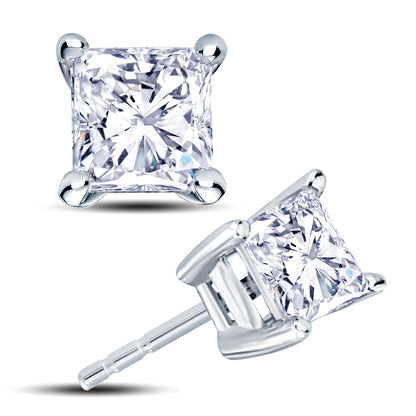 18ct White Gold 4 Claw Set 1.00ct Princess Cut Diamond Stud Earrings