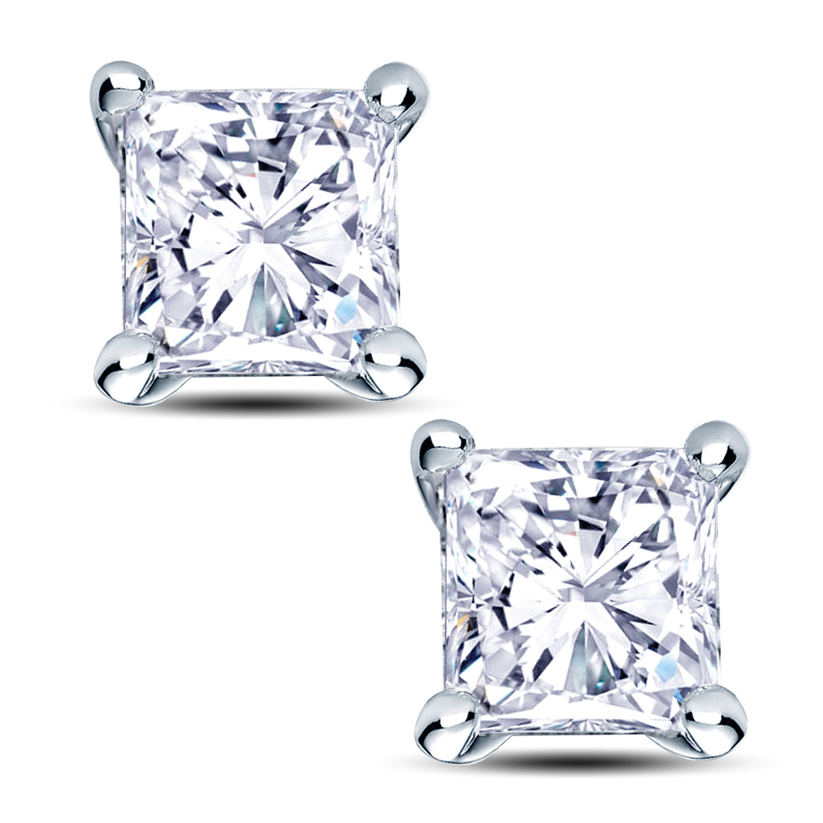 18ct White Gold 4 Claw Set 1.00ct Princess Cut Diamond Stud Earrings