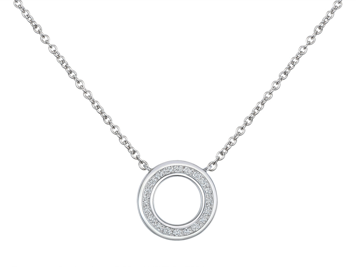 18ct White Gold Diamond Set Openwork Circle Pendant Necklace