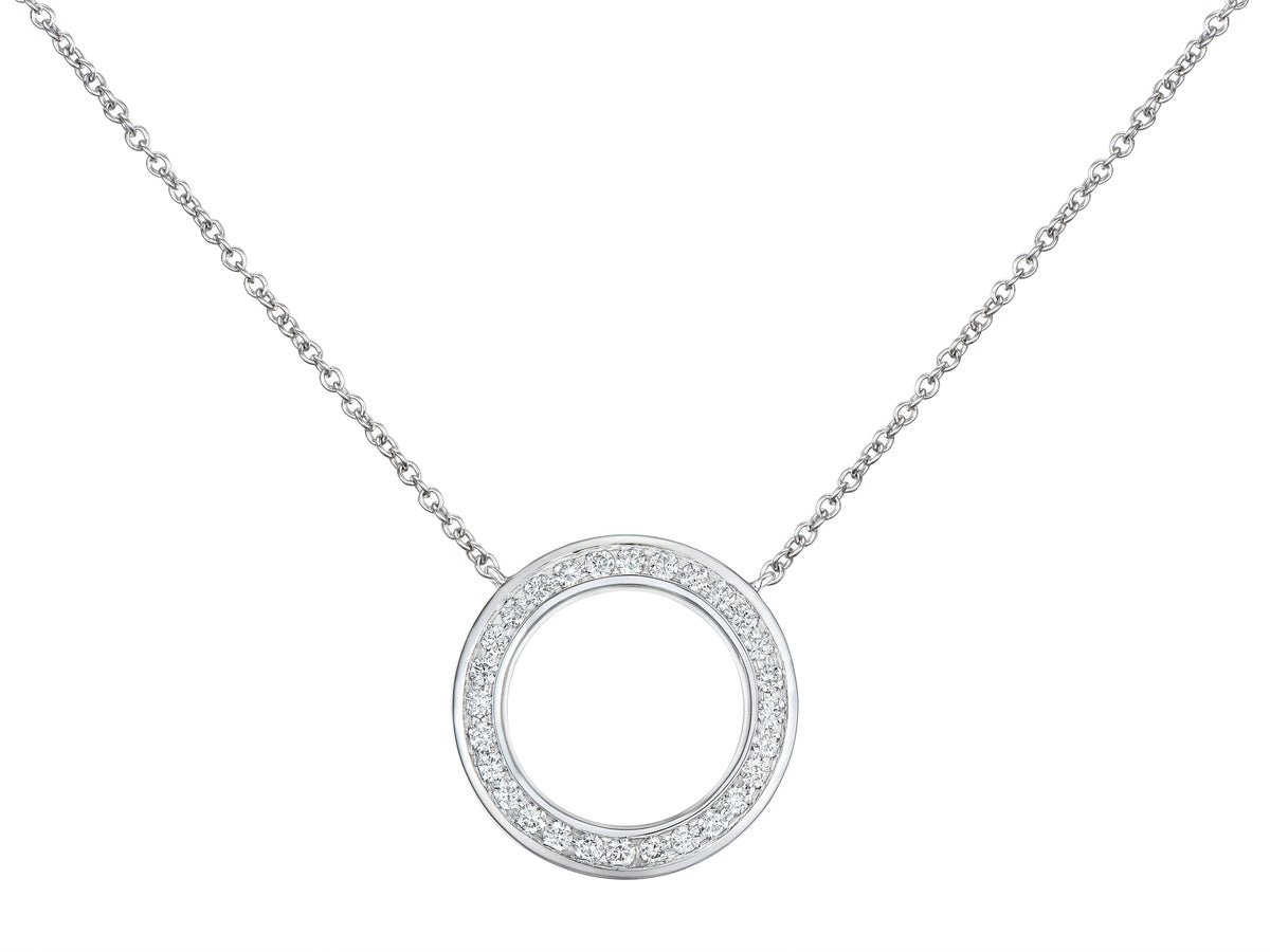 18ct White Gold Diamond Set Openwork Circle Pendant Necklace