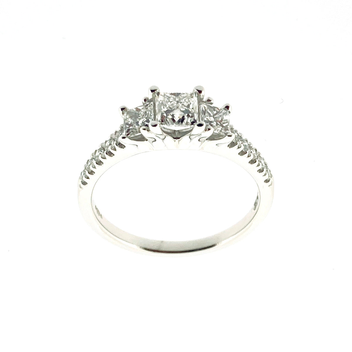 18ct White Gold Graduated Three Stone Princess Cut Diamond 1.04ct Claw Set Trilogy Ring