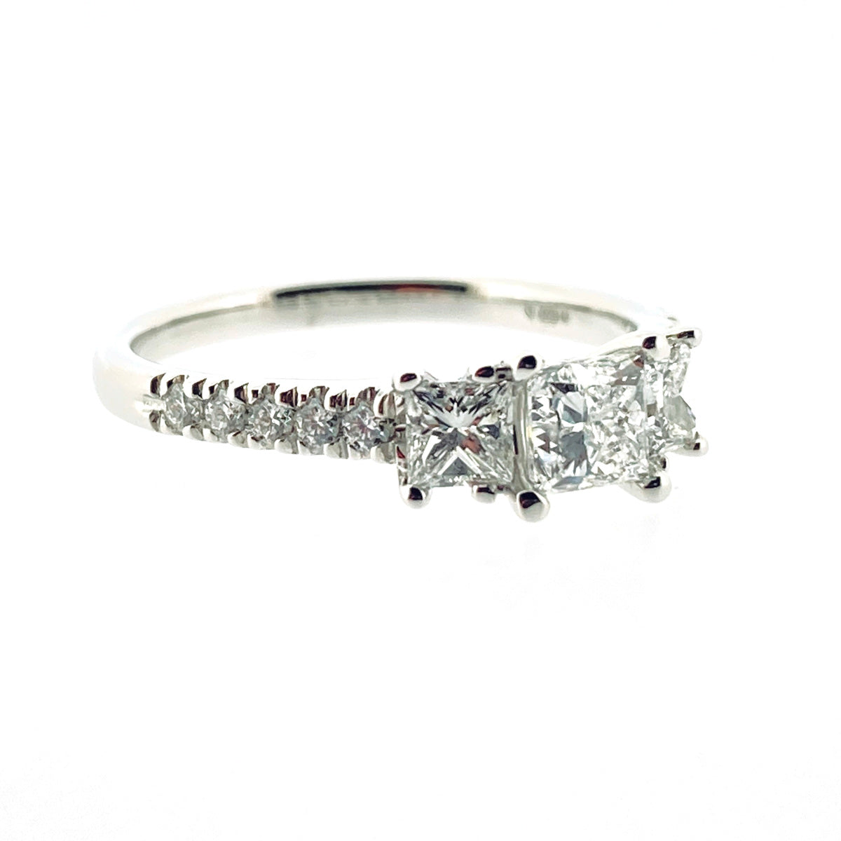 18ct White Gold Graduated Three Stone Princess Cut Diamond 1.04ct Claw Set Trilogy Ring
