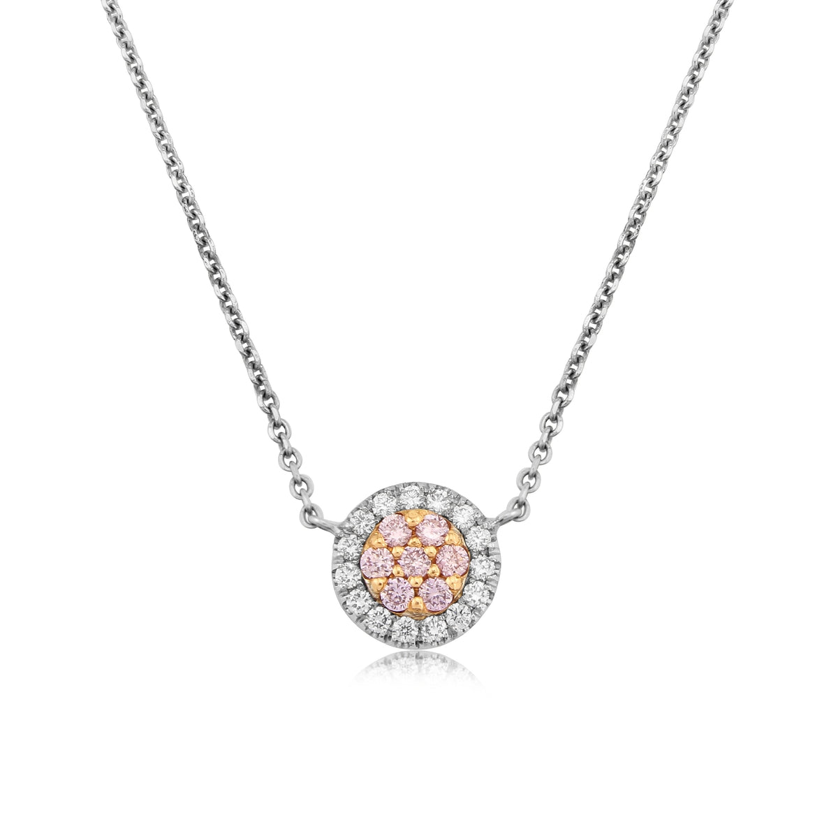 18ct White Gold Natural Pink Diamond Set Halo Cluster Pendant Necklace