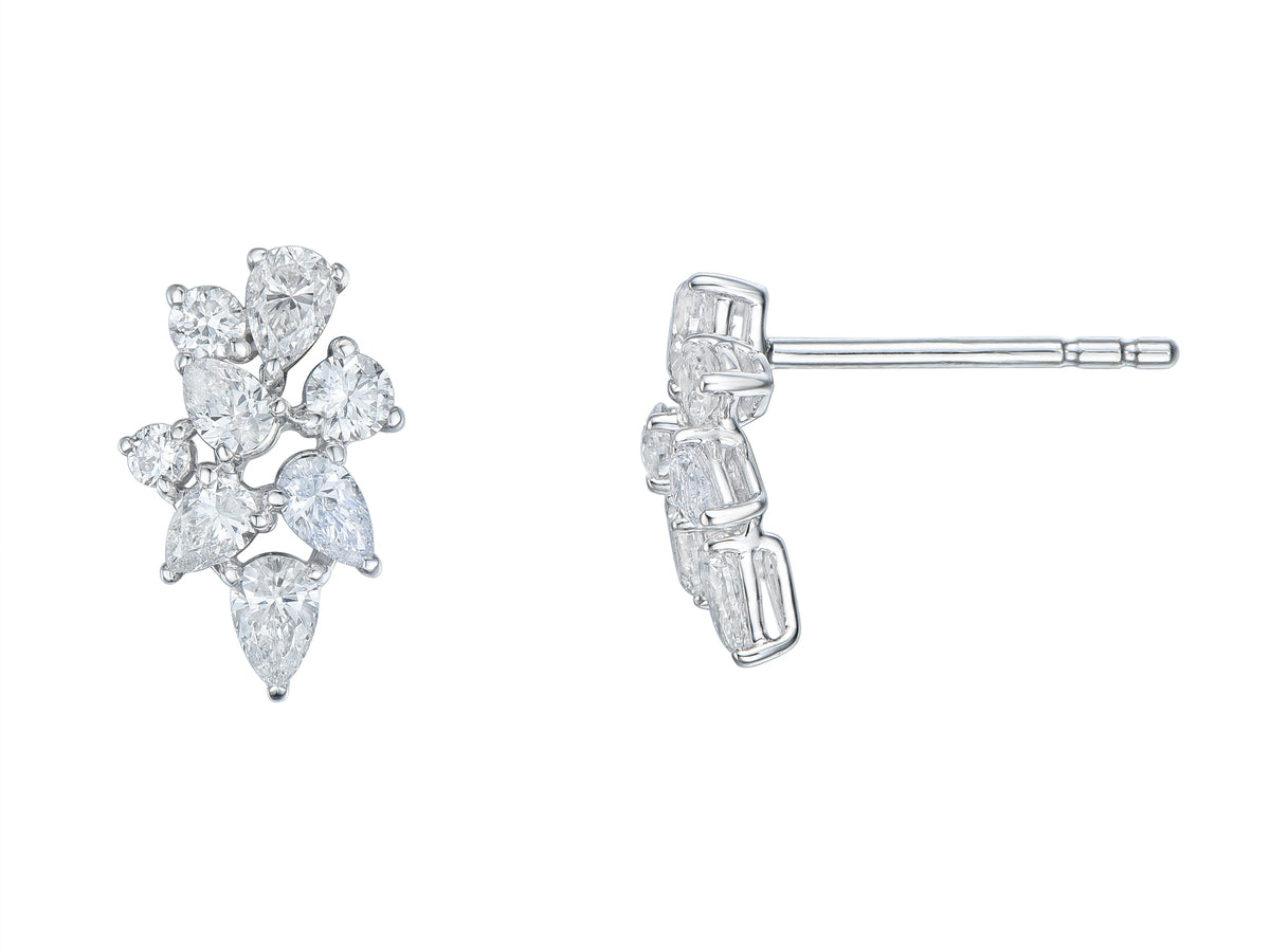18ct White Gold Pear Shape & Brilliant Cut Diamond Set Cluster Stud Earrings 