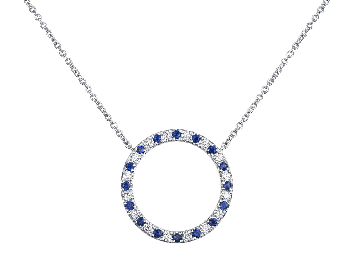 18ct White Gold Sapphire & Diamond Set Openwork Circle Pendant Necklace