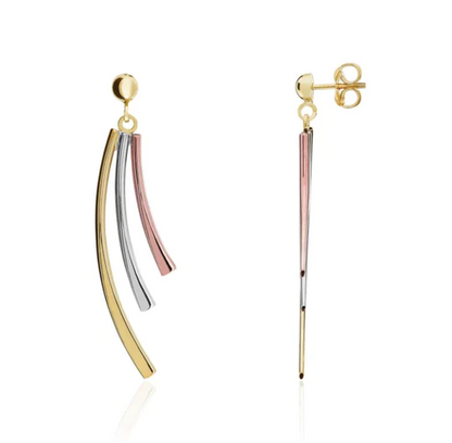 9ct 3 Colour Gold 3 Row Curved Drop Earrings
