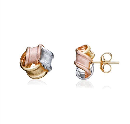 9ct 3 Colour Gold Frosted Ribbon Knot Stud Earrings