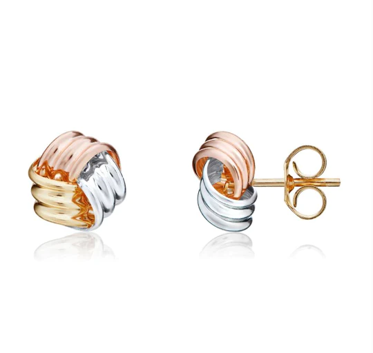 9ct 3 Colour Gold Ribbed Knot Stud Earrings