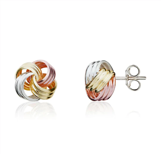 9ct 3 Colour Gold Ribbon Loop Knot Stud Earrings