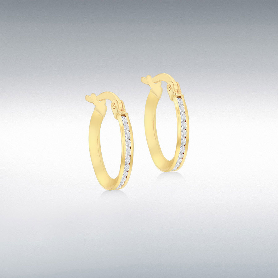 9ct Gold Channel Set Cubic Zirconia Set 14mm Hoop Earrings
