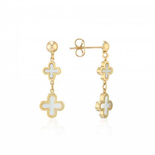9ct Gold Mother of Pearl Set Quatrefoil Four Leaf Clover Drop Earrings