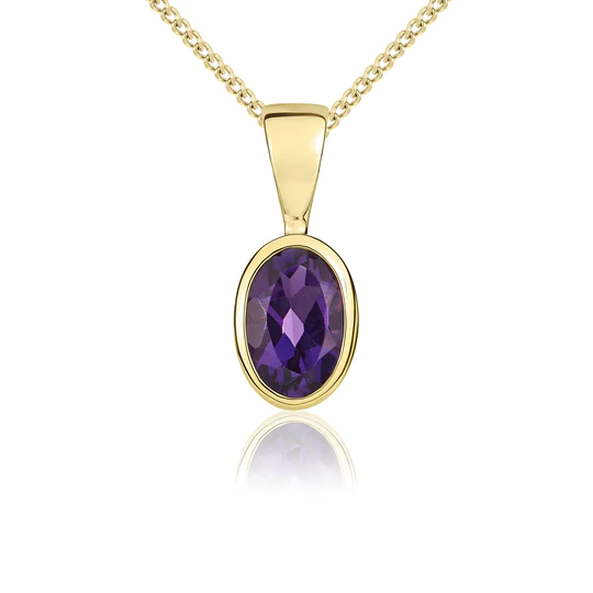 9ct Gold Oval Amethyst Rubover Set Pendant Necklace