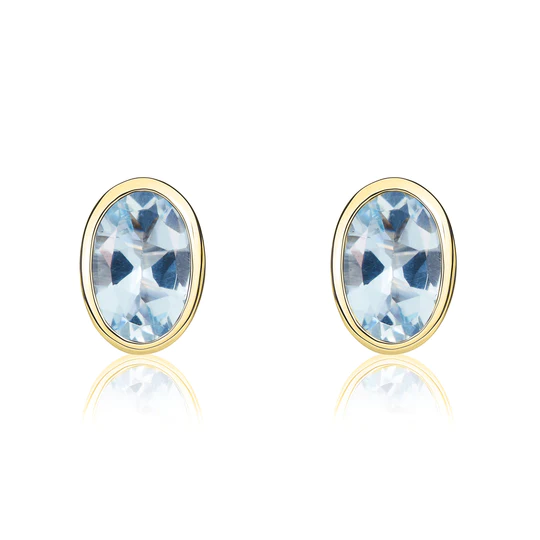 9ct Gold Oval Aquamarine Rubover Set Stud Earrings