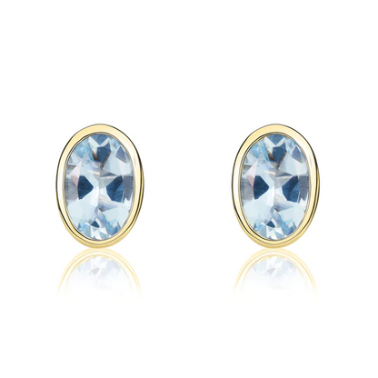 9ct Gold Oval Aquamarine Rubover Set Stud Earrings