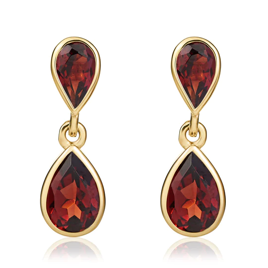 9ct Gold Pear-Shaped Garnet Double Drop Earrings