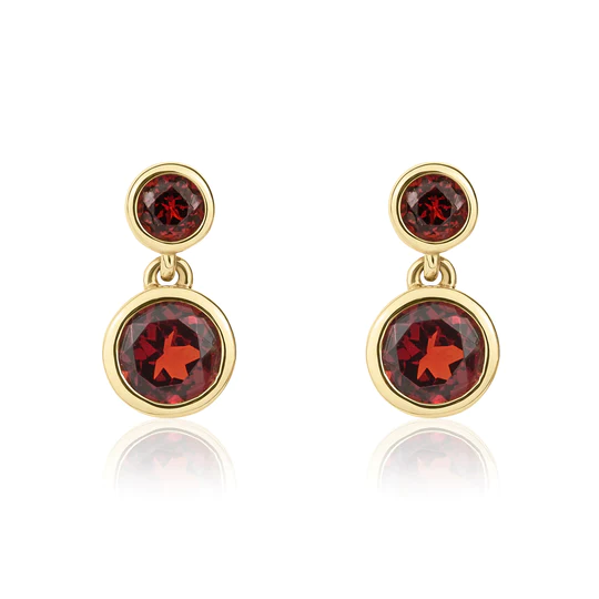 9ct Gold Round Garnet Double Drop Earrings