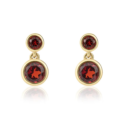 9ct Gold Round Garnet Double Drop Earrings