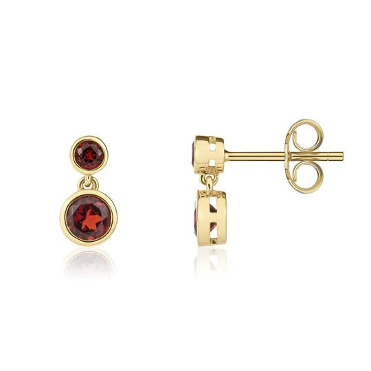 9ct Gold Round Garnet Double Drop Earrings
