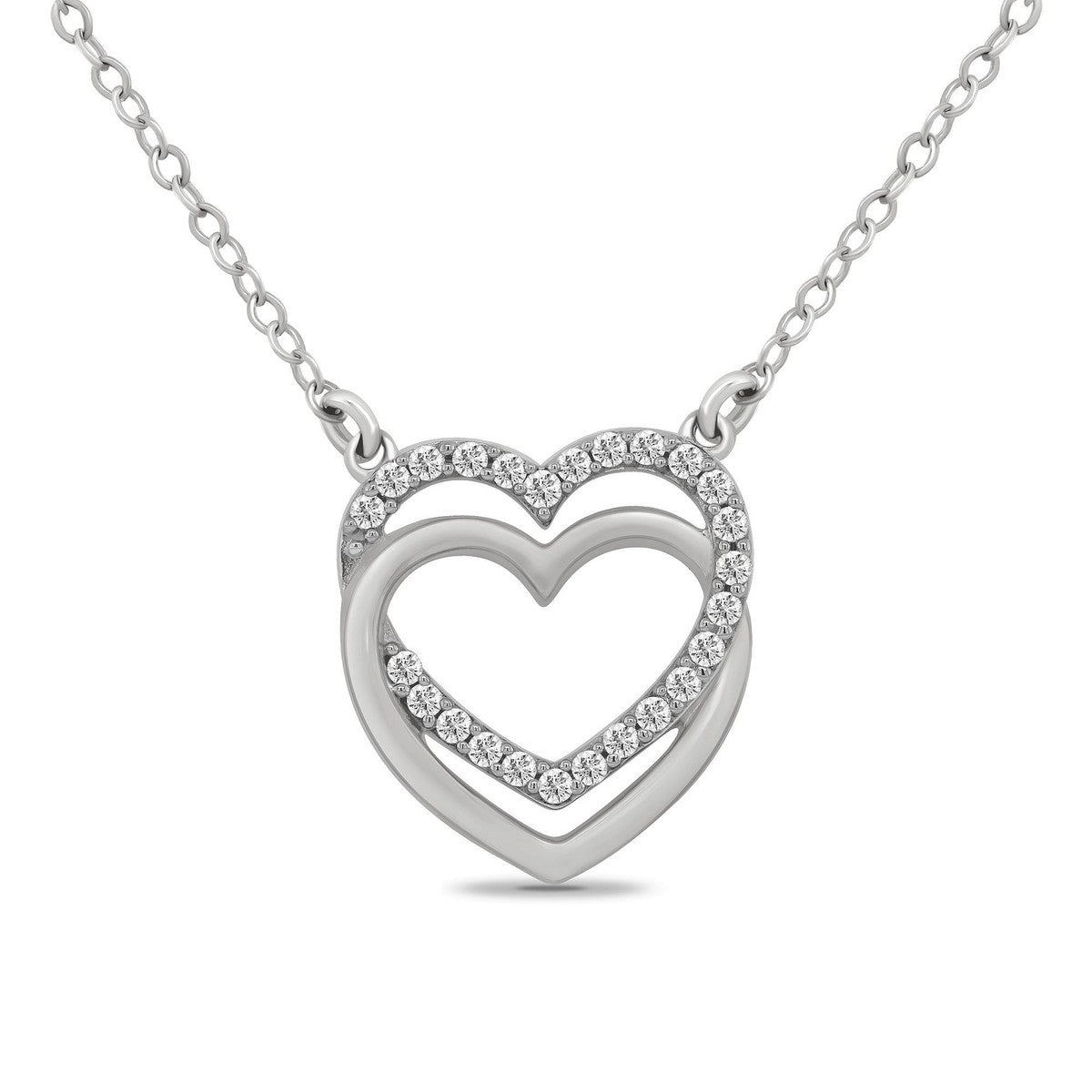 9ct White Gold Diamond Set Double Linked Hearts Pendant Necklace